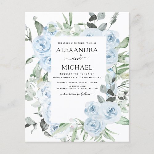 Budget Dusty Blue Floral Greenery Wedding Flyer