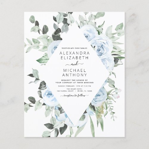 Budget Dusty Blue Floral Greenery Wedding Flyer