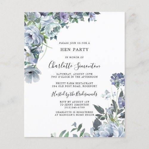 Budget Dusty Blue Floral Hen Party Invitation