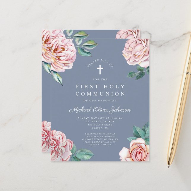 Budget Dusty Blue Floral Peonies First Communion (Front/Back In Situ)