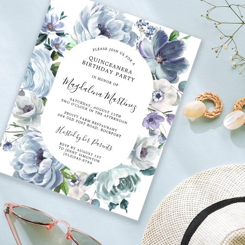 Budget Dusty Blue Floral Quinceanera Invitation