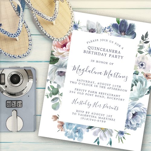 Budget Dusty Blue Floral Quinceanera Invitation