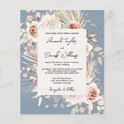 Budget Dusty Blue Floral Rustic Wedding Invitation