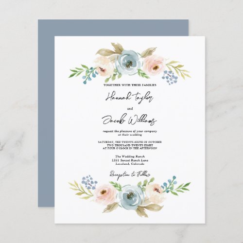 Budget Dusty Blue Floral Rustic Wedding Invite