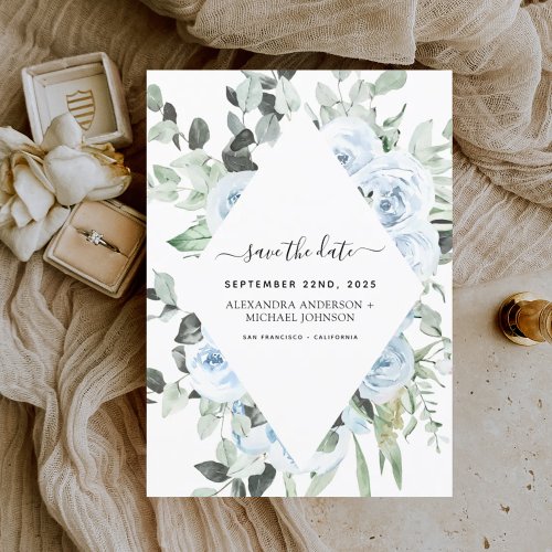 Budget Dusty Blue Floral Save the Date Greenery
