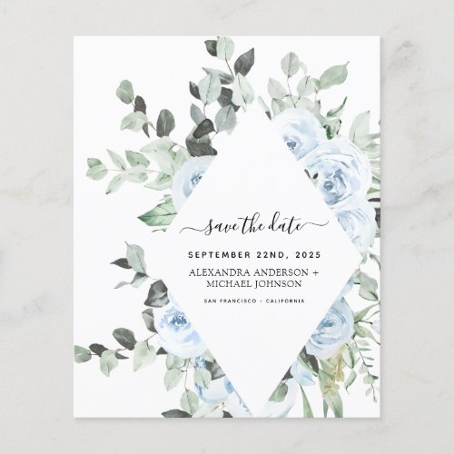 Budget Dusty Blue Floral Save the Date Greenery Flyer