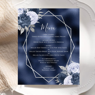 Budget Dusty Blue Floral Silver Navy Wedding Menu