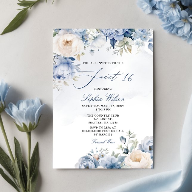 Budget Dusty Blue Floral Sweet 16 Invitation (Elegant Modern Dusty Blue Floral Sweet 16 Invitation)