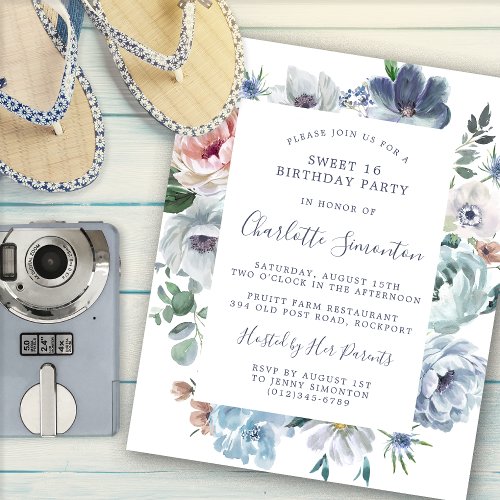 Budget Dusty Blue Floral Sweet 16 Invitation