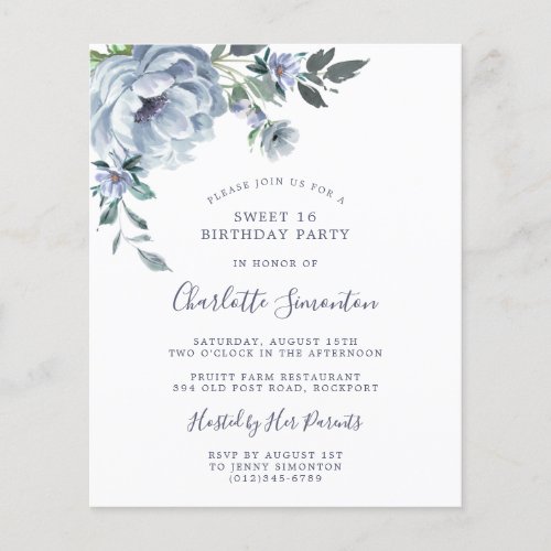 Budget Dusty Blue Floral Sweet 16 Invitation