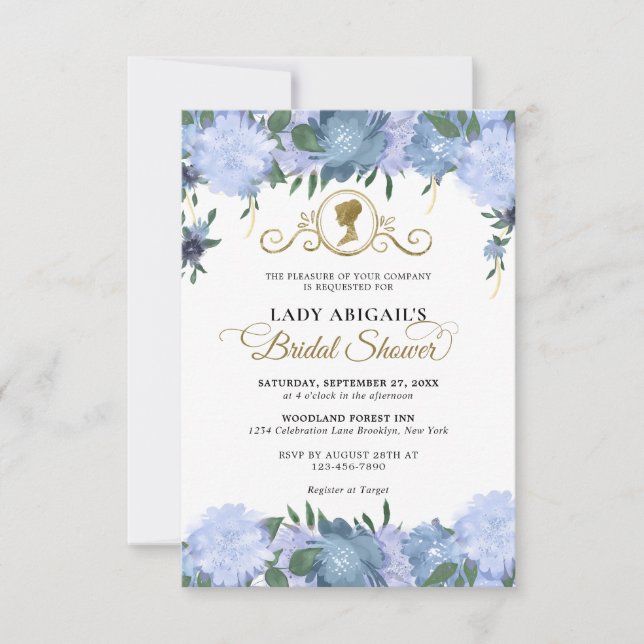 BUDGET Dusty Blue Floral Victorian Bridal Shower Note Card (Front)