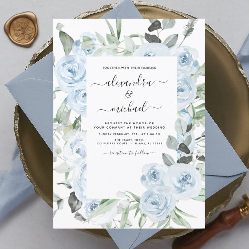 Budget Dusty Blue Floral Wedding Invitation