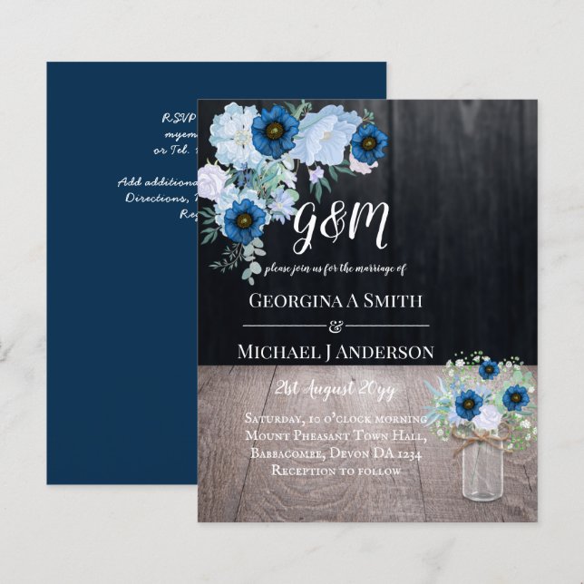 BUDGET Dusty Blue Floral Wedding Invite (Front/Back)