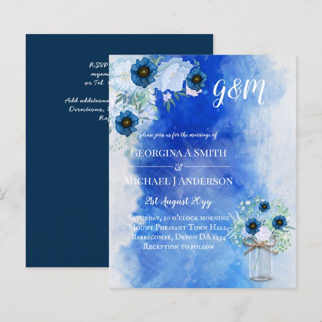 BUDGET Dusty Blue Floral Wedding Invite (Front/Back)