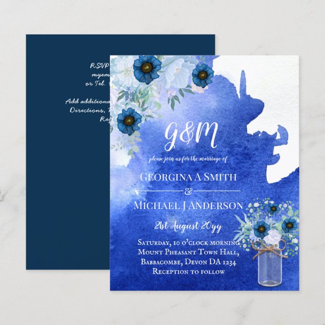 BUDGET Dusty Blue Floral Wedding Invite (Front/Back)