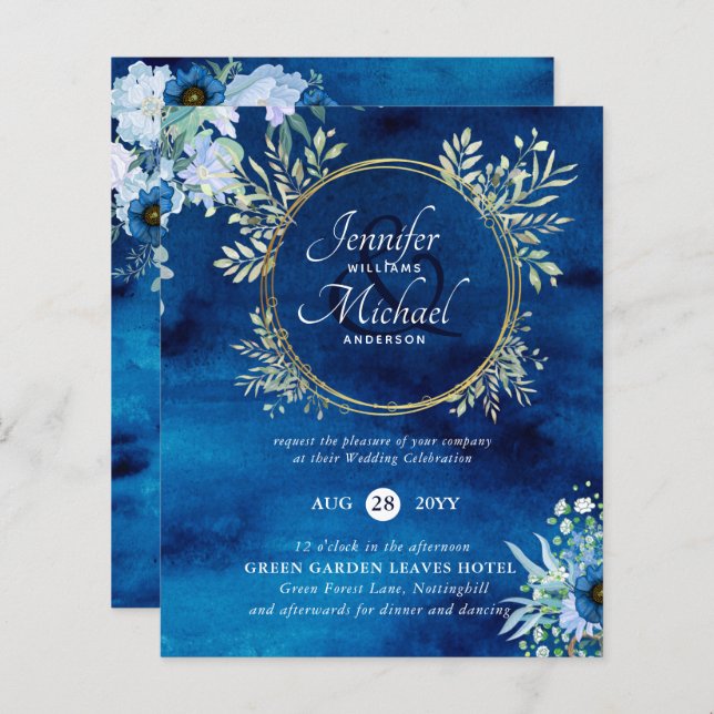 BUDGET Dusty  Blue Floral Wedding Invite (Front/Back)