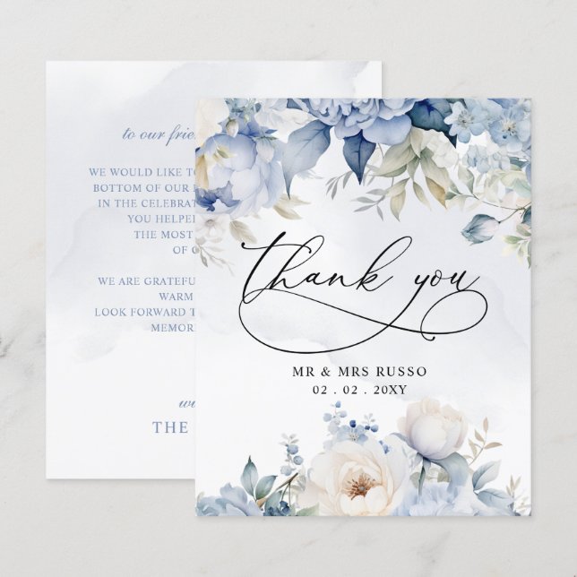 Budget Dusty Blue Floral Wedding Thank You Card (Front/Back)