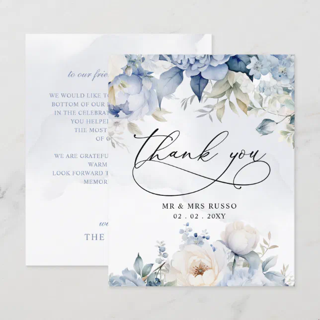 Budget Dusty Blue Floral Wedding Thank You Card | Zazzle