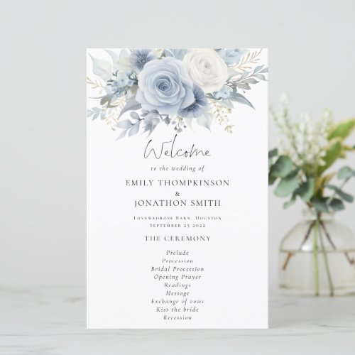 Budget Dusty Blue Florals Wedding Program