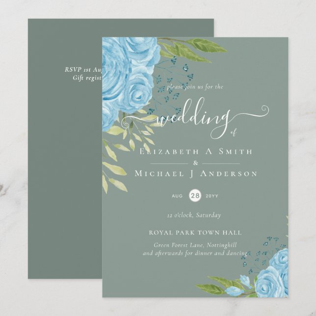 BUDGET  Dusty Blue Flowers Lime Wedding (Front/Back)