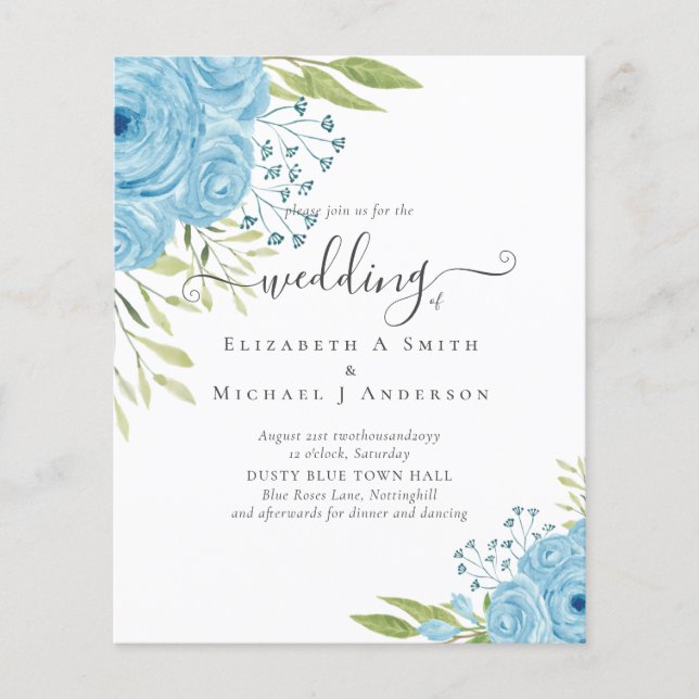 BUDGET  Dusty Blue Flowers Lime Wedding Flyer (Front)