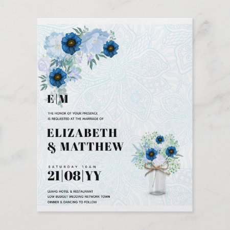 Budget Dusty Blue Flowers Mason Jar Wedding Invite Flyer
