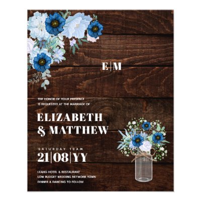 Budget Dusty Blue Flowers Mason Jar Wedding Invite Flyer