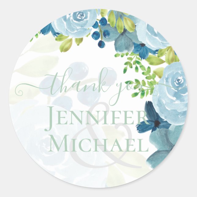 Budget Dusty Blue Flowers Sage Wedding Classic Round Sticker (Front)