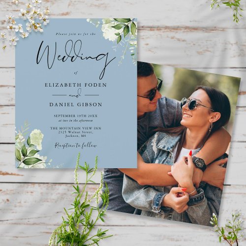 Budget Dusty Blue Foliage Photo Wedding Invitation