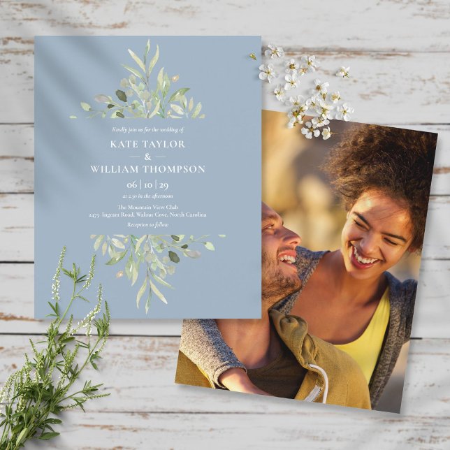 Budget Dusty Blue Foliage Wedding Photo Invitation (Creator Uploaded)