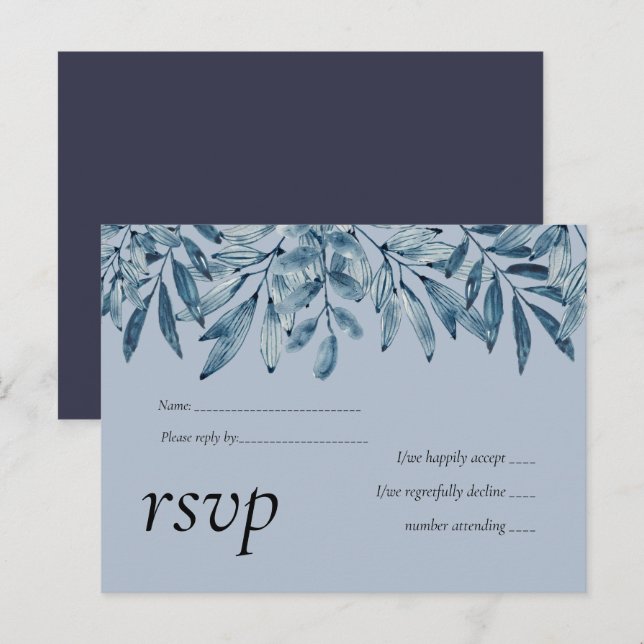 Budget DUSTY BLUE Foliage Wedding RSVP Invitation Postcard (Front/Back)