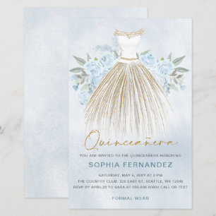 Budget Dusty Blue Gold Dress Quinceañera Invite