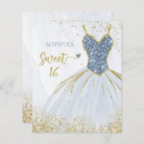 Budget Dusty Blue Gold Dress Sweet 16 Invitation