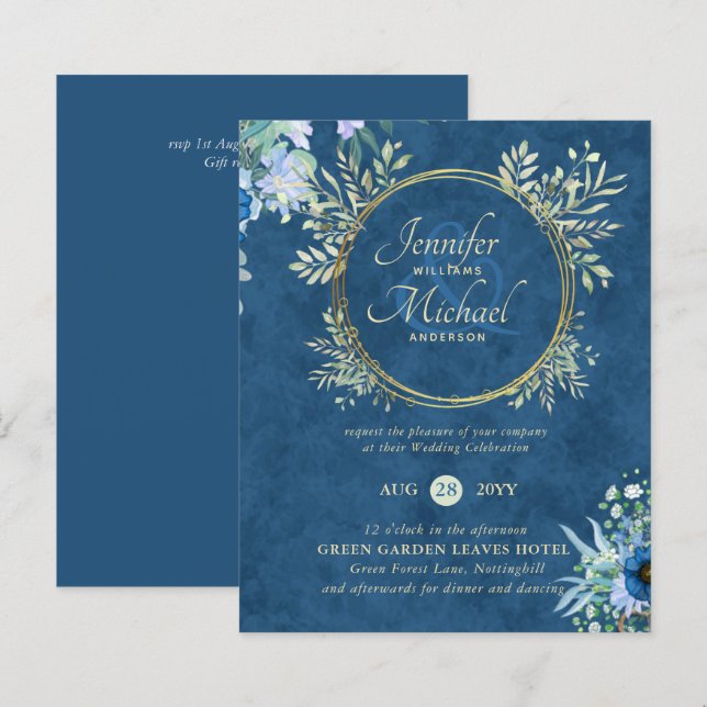 BUDGET Dusty Blue Gold Floral Wedding Invite (Front/Back)