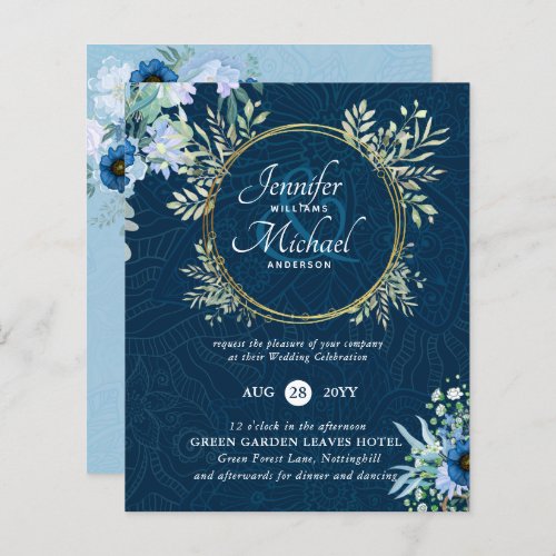 BUDGET Dusty Blue Gold Floral Wedding Invite