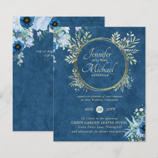 BUDGET Dusty Blue Gold Floral Wedding Invite