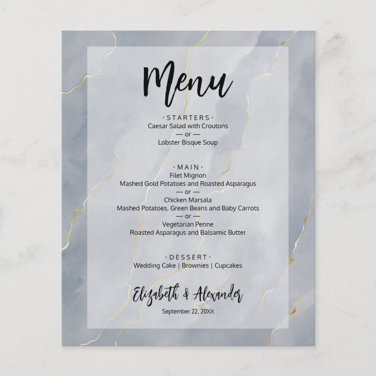 Budget Dusty Blue Gold Marble Wedding Menu Flyer Zazzle
