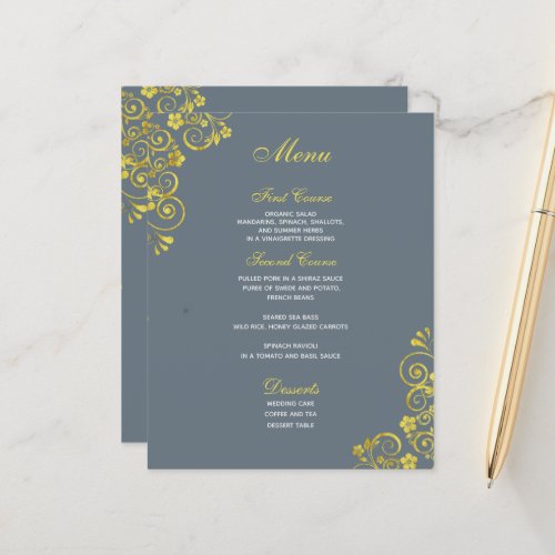 Budget Dusty Blue Gold Swirl Wedding Menu