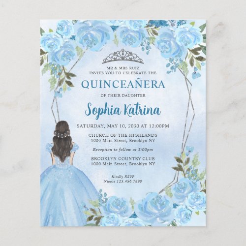 Budget Dusty Blue Gray Floral Princess Quinceaera