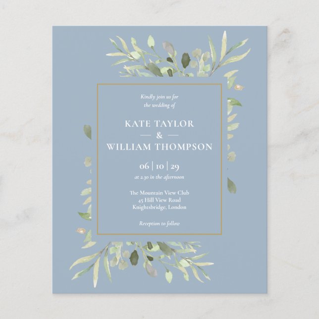Budget Dusty Blue Greenery Wedding Invitation (Front)