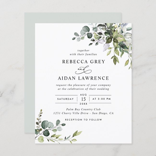 Budget Dusty Blue Greenery Wedding Invitation