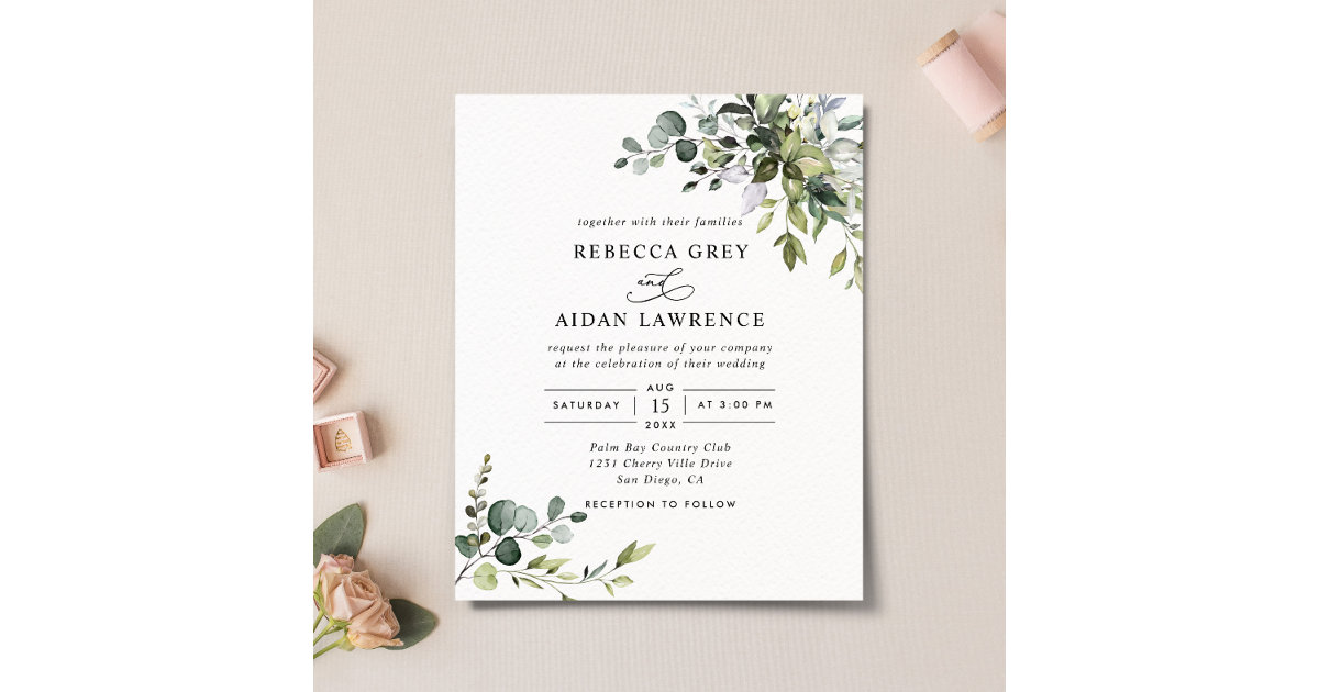 Budget Dusty Blue Greenery Wedding Invitation | Zazzle