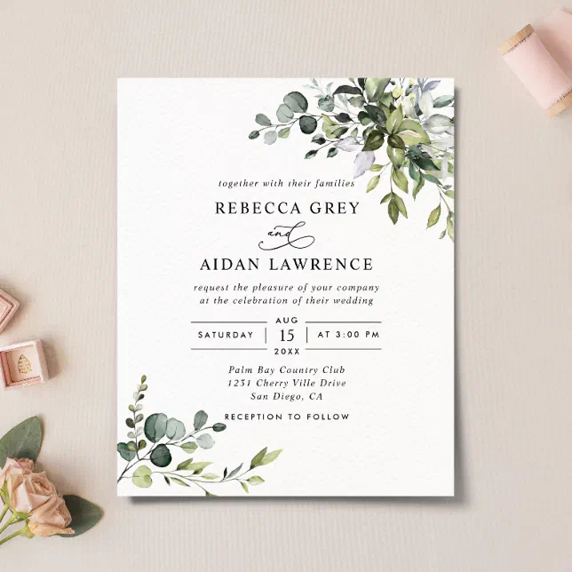 Budget Dusty Blue Greenery Wedding Invitation | Zazzle