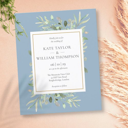 Budget Dusty Blue Greenery Wedding Invitation