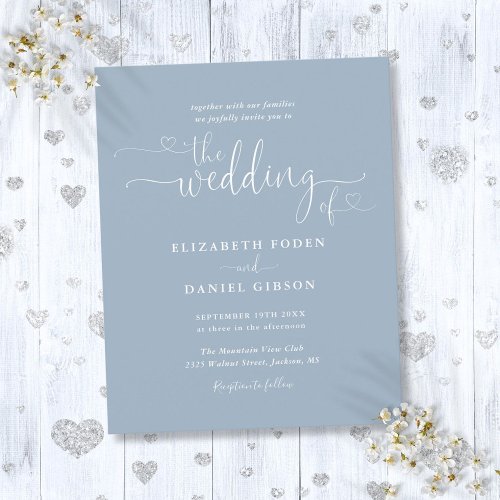 Budget Dusty Blue Hearts Script Wedding Invite