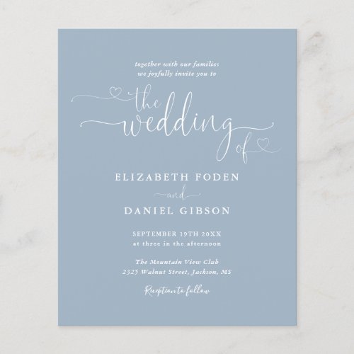 Budget Dusty Blue Hearts Script Wedding Invite - This elegant budget wedding invitation can be personalized with your celebration details set in chic typography on a dusty blue background. Designed by Thisisnotme©