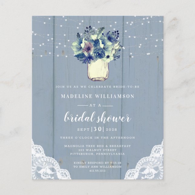 Budget Dusty Blue Lace Bridal Shower Invitation  (Front)