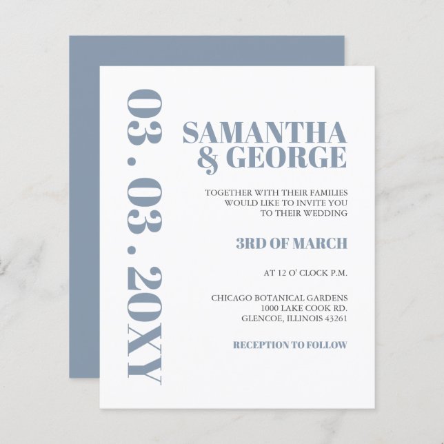 Budget Dusty Blue Modern Wedding Invitation (Front/Back)