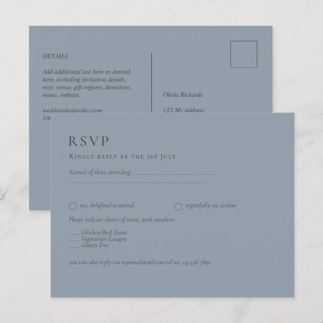 Budget Dusty Blue Monochrome Wedding RSVP Postcard (Front/Back)