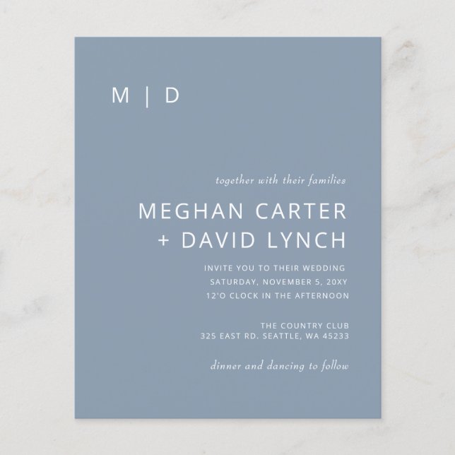 Budget Dusty Blue Monogram Wedding Invitation (Front)